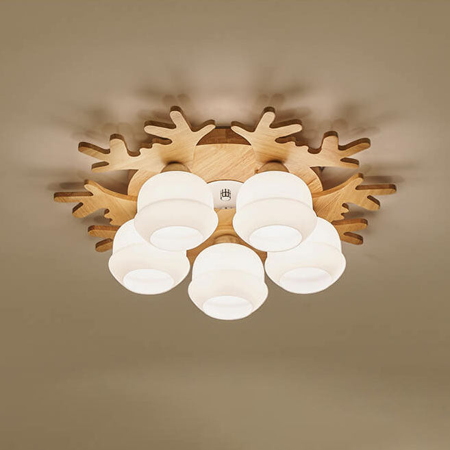 Nordic Solid Wood Antler Frosted Glass Round Shade 3/5/7 Light Flush Mount Ceiling Light