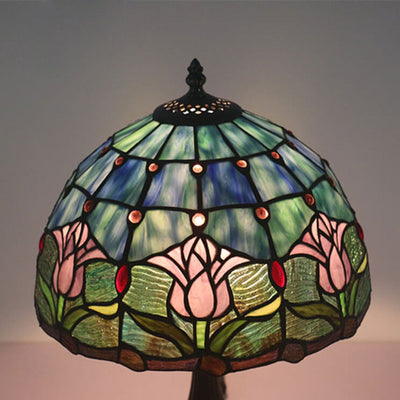 European Vintage Tulip Stained Glass Dome 1-Light Table Lamp