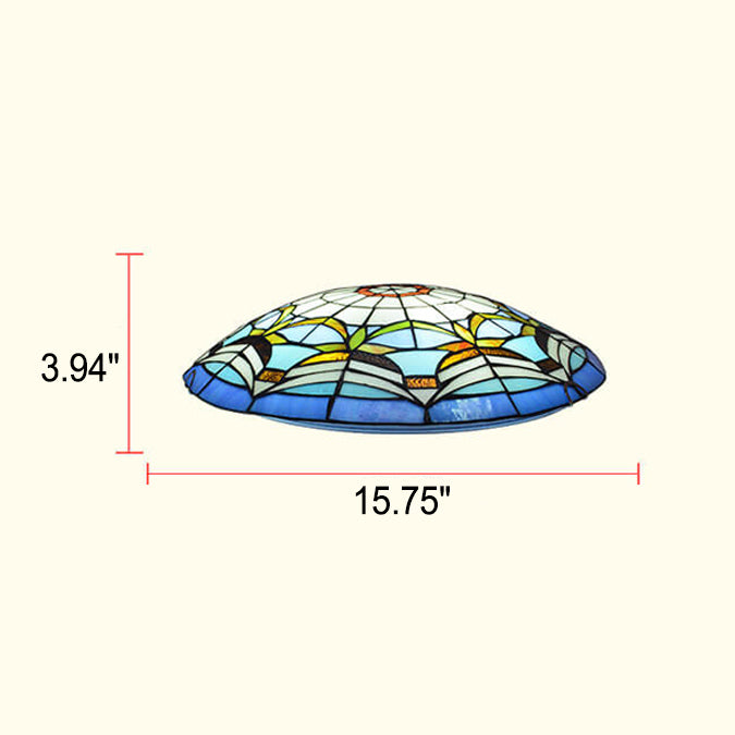 European Stained Glass Tiffany Round Various Pattern Designs 3-Light Flush Mount Light