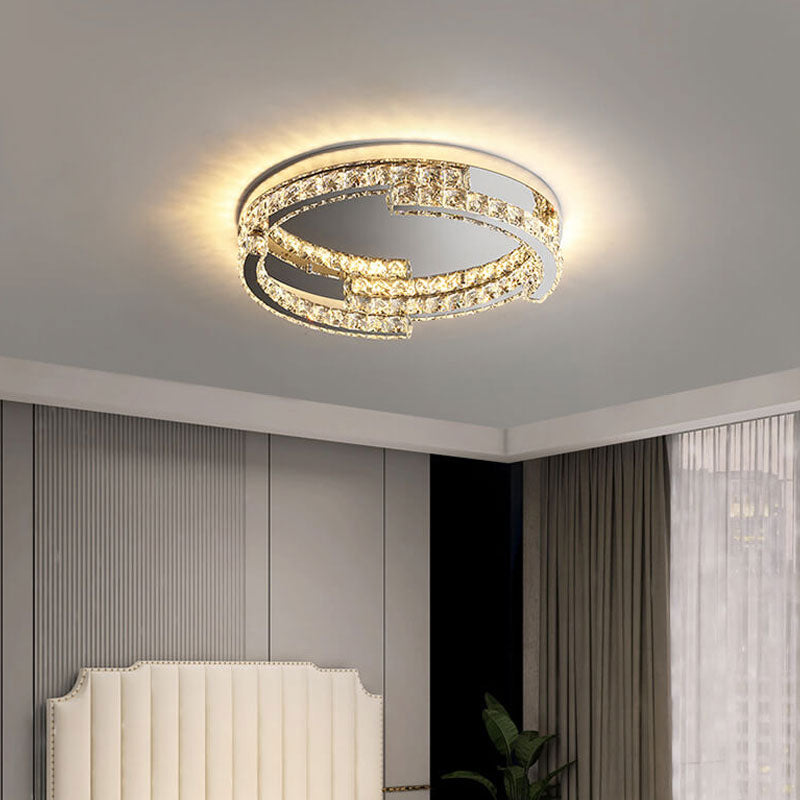 Round Simple Stainless Steel Crystal Multilayer Design LED Flush Mount Light