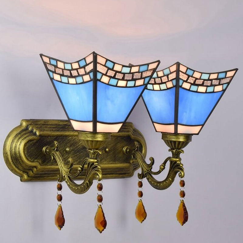 European Creative Tiffany Blue Glass Crystal 2-Light Wall Sconce Lamp