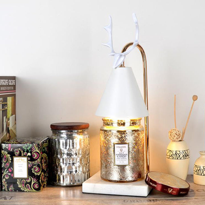 Lampe de Table Moderne Luxe Léger Bois de Chêne Fer Noir Blanc Pur à 1 Lumière avec Cire Fondante en Forme de Bois de Cerf 