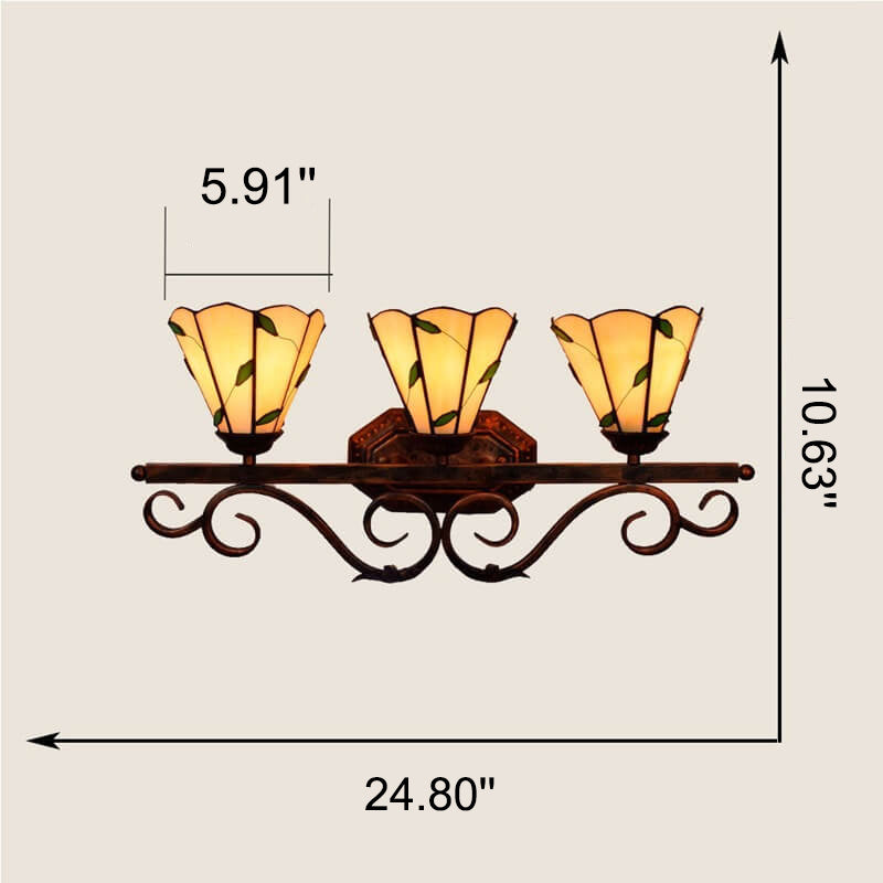 Applique murale en verre teinté à motif feuille Tiffany européenne à 3 lumières 