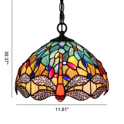 Lámpara colgante de 1 luz con pantalla de vidrio Tiffany Retro Dome Dragonfly 