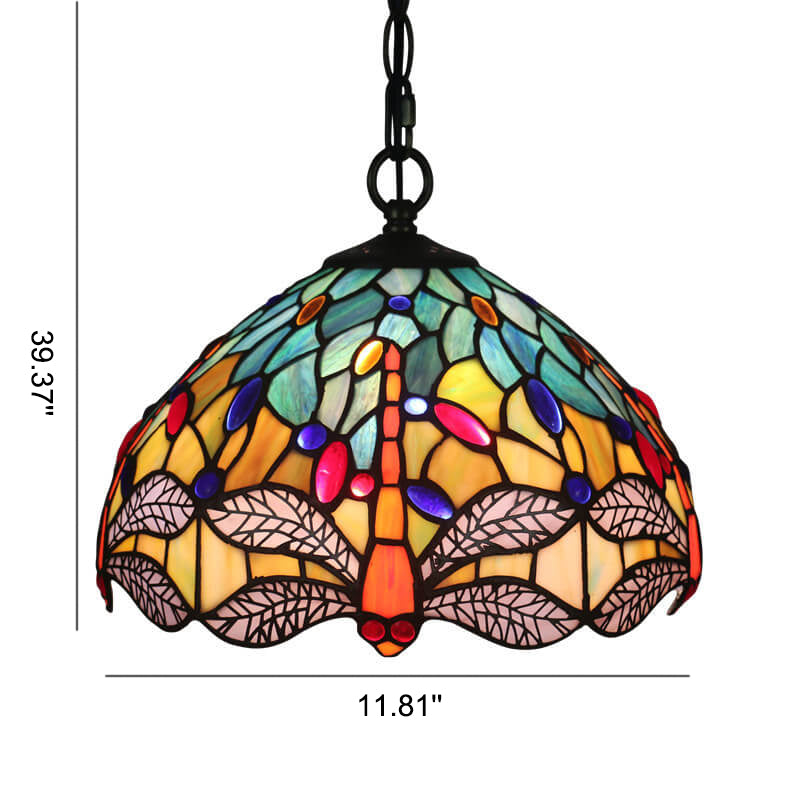 Lámpara colgante de 1 luz con pantalla de vidrio Tiffany Retro Dome Dragonfly 