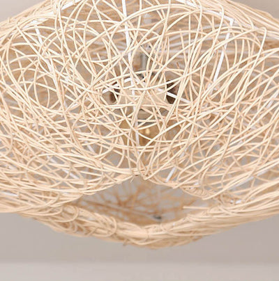 Modern Rattan Weaving Nest Square Shape 3-Light Flush Mount Ceiling Light