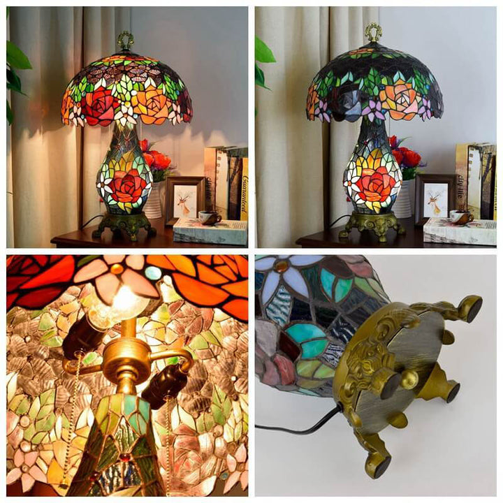 Tiffany Rustikale Rosen Buntglas 3-Licht Tischlampe 