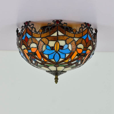 Vintage Tiffany Stained Glass Bowl Shape 2-Light Flush Mount Ceiling Light