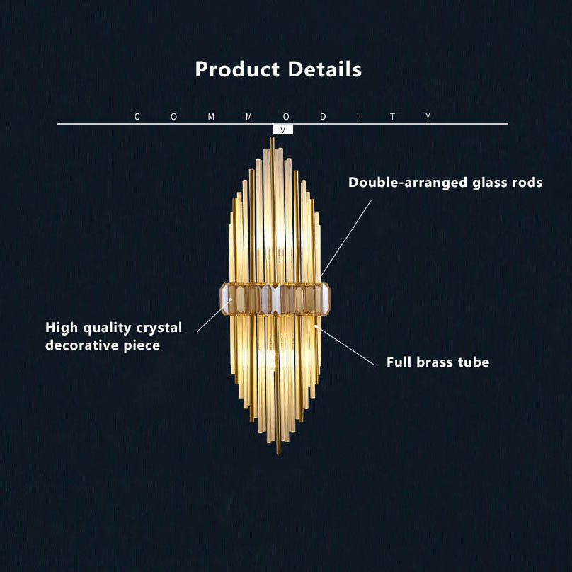 Modern Brass Crystal Tubular 2-Light Wall Sconce Lamp