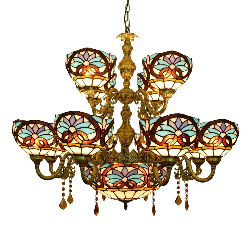 Chandelier européen style Tiffany amour baroque en verre teinté à 15 lumières 