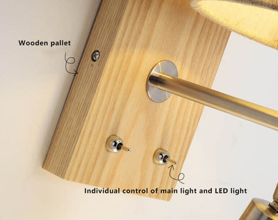 Moderne Wandleuchte mit Stoffschirm und Holzsockel, 1 Licht 