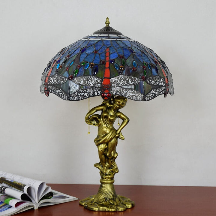 Lámpara de mesa con cremallera de 3 luces de vidrio Tiffany Mediterráneo Libélula 