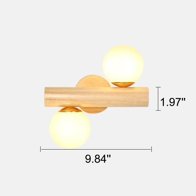 Modern Log Wood Double Glass Globe 2-Light Wall Sconce Lamp