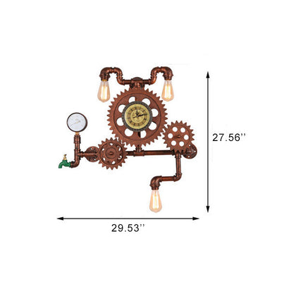 Vintage Industrial Gear Wasserpfeifenuhr 3-Licht Wandleuchte 