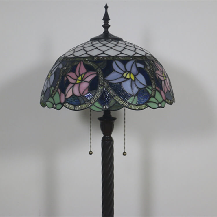 Vintage Tiffany Flower Blue Glass 2-Light Standing Floor Lamp
