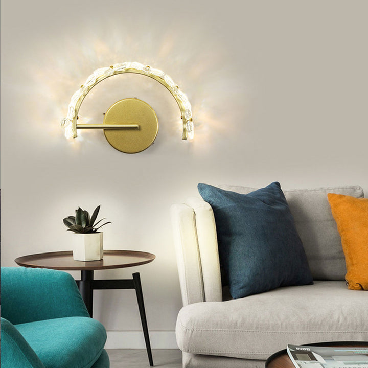 Aplique de pared LED en forma de media luna con flor de cristal dorado nórdico 
