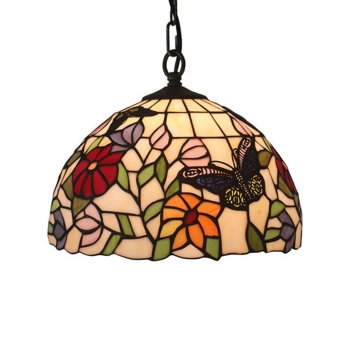 Tiffany Europäischer Schmetterling Blumen Buntglas Pendelleuchte 
