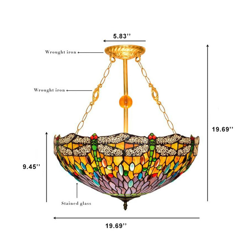 Vintage Tiffany Libelle Buntglas Kronleuchter mit 3 Leuchten 