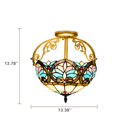 Tiffany Mediterrane Blaue Glasmalerei 2-flammige, halbbündige Deckenleuchte 