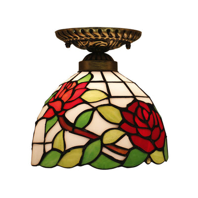 Vintage Tiffany Red Rose Glass 1-Light Semi-Flush Mount Ceiling Light