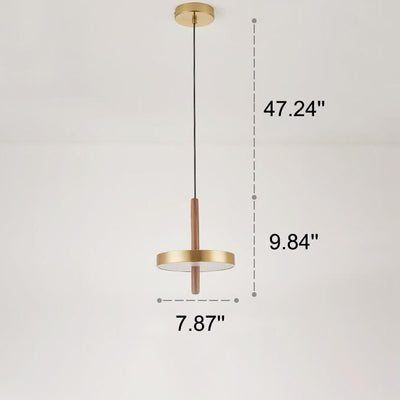 Vintage Walnut Flat Round Brass LED Pendant Light