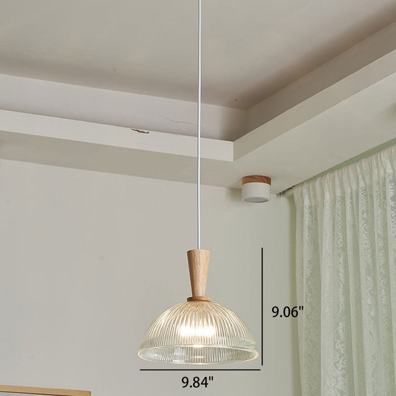 Modern Minimalist Textured Dome Glass Wood  Handle 1-Light Pendant Light