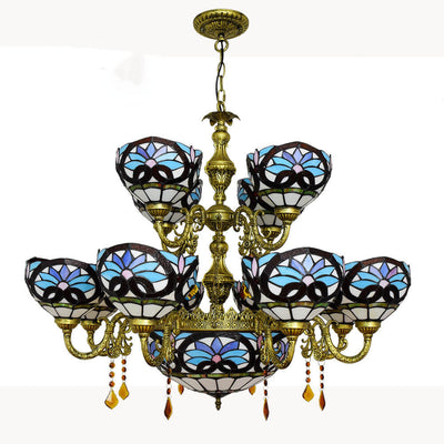 Chandelier européen style Tiffany amour baroque en verre teinté à 15 lumières 