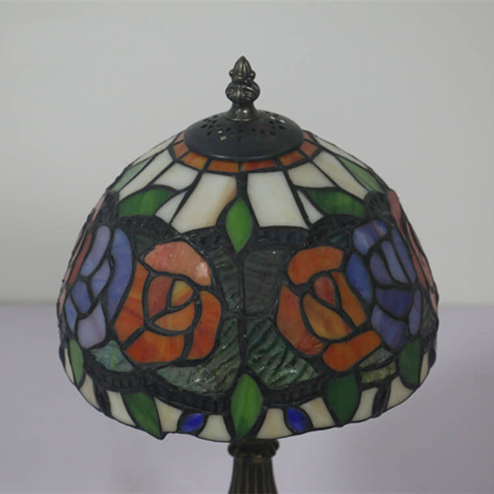 Retro Tiffany Flowering Rose Stained Glass 1-Light Table Lamp
