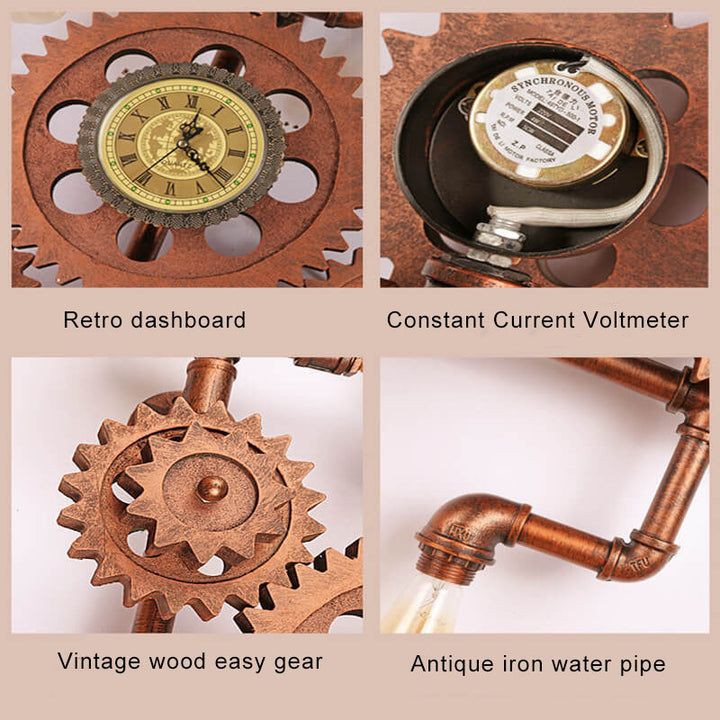 Vintage Industrielle Zahnrad Wasserrohr Uhr 3-Licht Wandleuchte 
