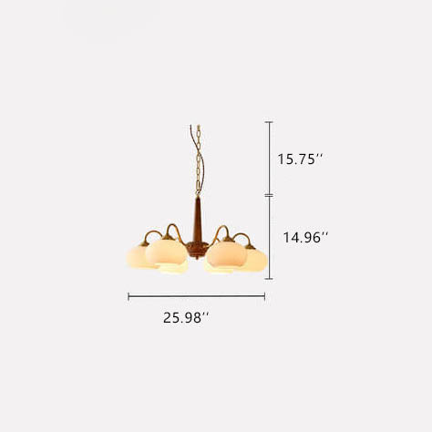 Vintage Walnut Glass Shade 4/6-Light Chandelier