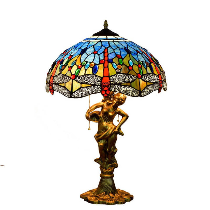 Lámpara de mesa con cremallera de 3 luces de vidrio Tiffany Mediterráneo Libélula 