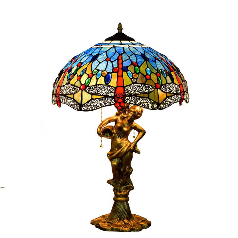 Tiffany Mediterrane Libelle Buntglas-3-Licht-Reißverschluss-Tischlampe