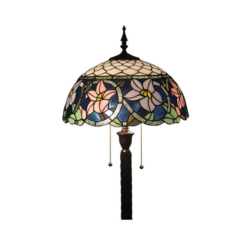 Vintage Tiffany Flower Blue Glass 2-Light Standing Floor Lamp