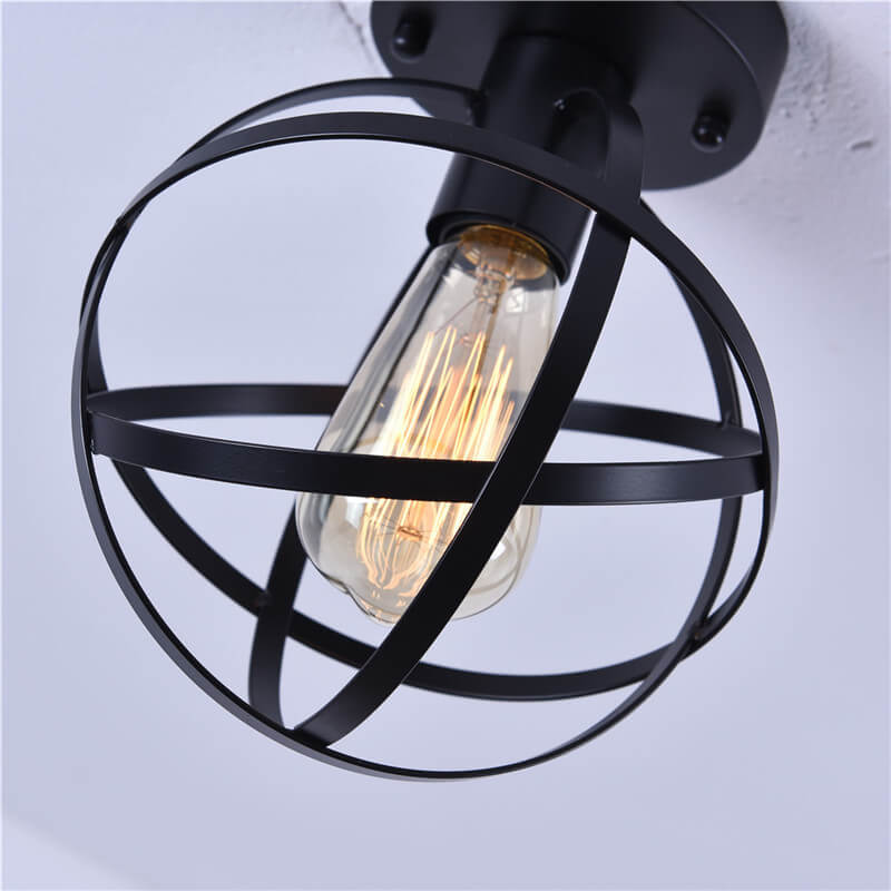 Contemporary Industrial Wrought Iron Spherical  Cage 1-Light Semi-Flush Mount Ceiling Light for Living Room