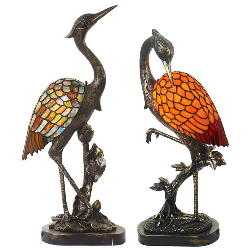 Vintage Tiffany Crane 1-Light Stained Glass Table Lamp