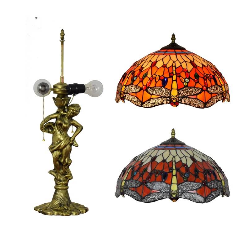 Lámpara de Mesa con Cremallera de 3 Luces de Vidrio Tiffany Libélula Roja 
