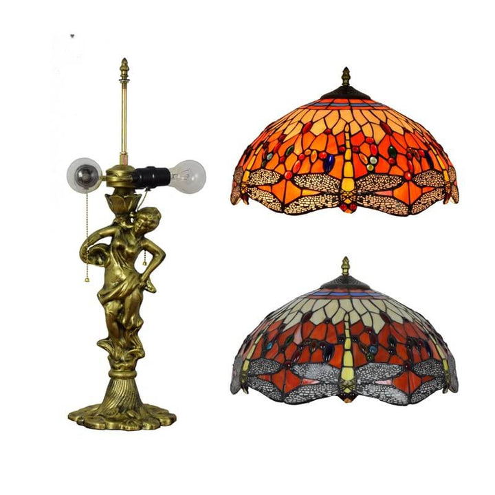 Lámpara de Mesa con Cremallera de 3 Luces de Vidrio Tiffany Libélula Roja 