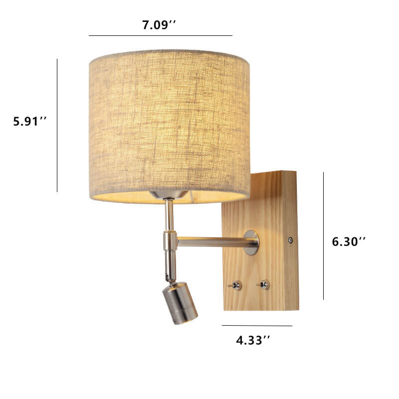 Aplique de pared de 1 luz con base de madera y pantalla de tela moderna 