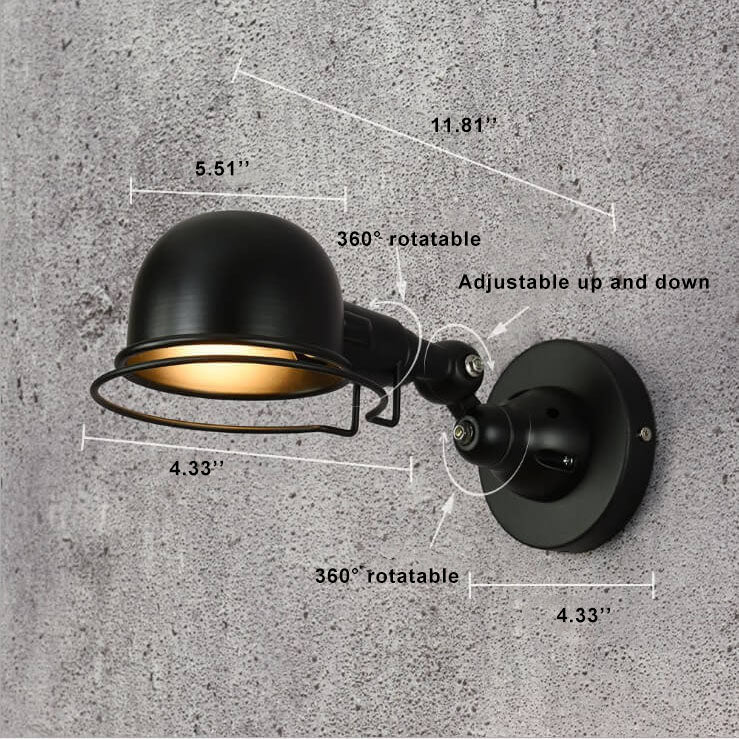 Applique murale 1 lumière rotative avec abat-jour en dôme en fer industriel 
