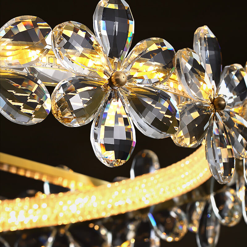 Moderne Luxus-Kristallblütenring-LED-Deckenleuchte mit halbbündiger Montage 