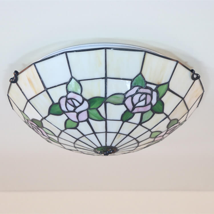 Vintage Tiffany Rose Glas 3-flammige Unterputz-Deckenleuchte 