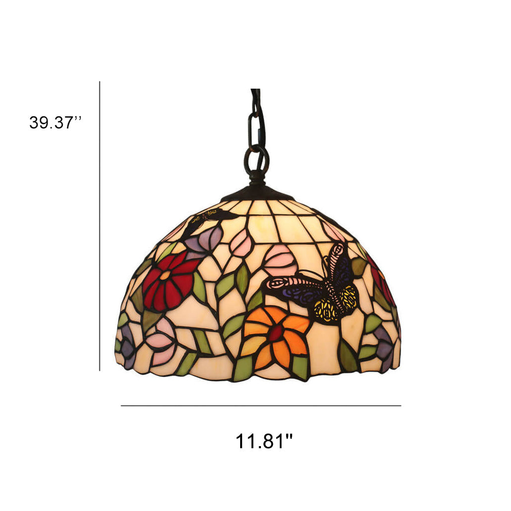 Tiffany Europäischer Schmetterling Blumen Buntglas Pendelleuchte 