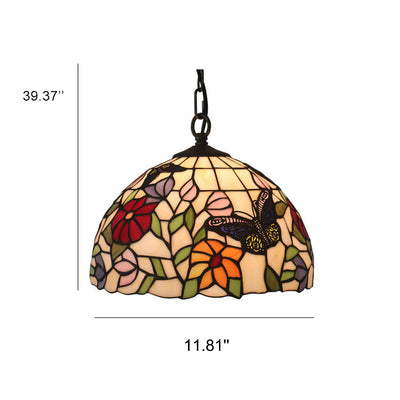 Tiffany European Butterfly Flower Stained Glass Pendant Light