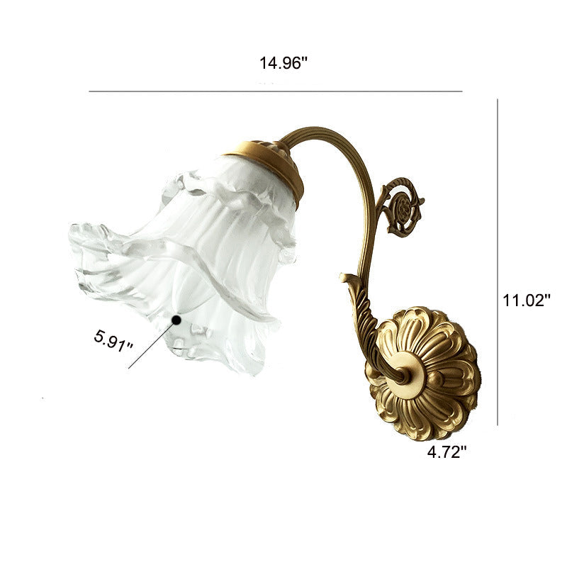 French Vintage Brass Glass Flower 1-Light Wall Sconce Lamp