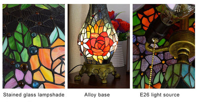 Tiffany Rustic Roses Stained Glass 3-Light Table Lamp