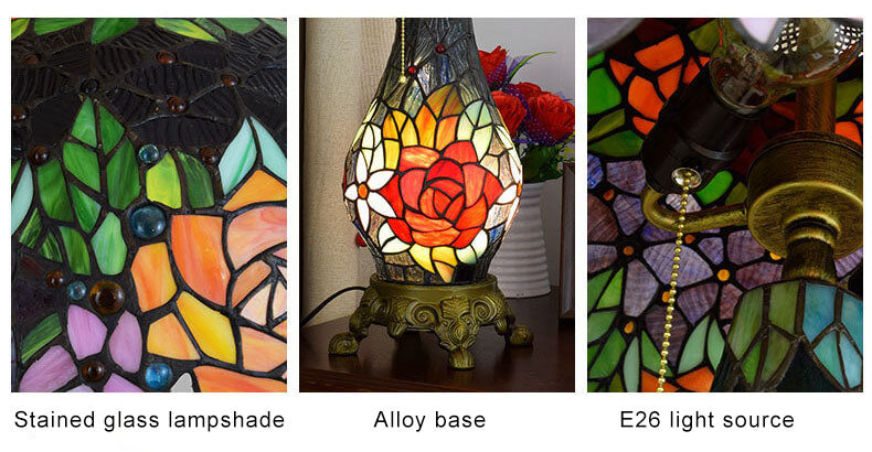 Tiffany Rustic Roses Stained Glass 3-Light Table Lamp