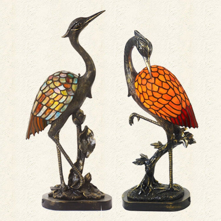Lampe de table vintage en vitrail à 1 lumière Tiffany Crane 