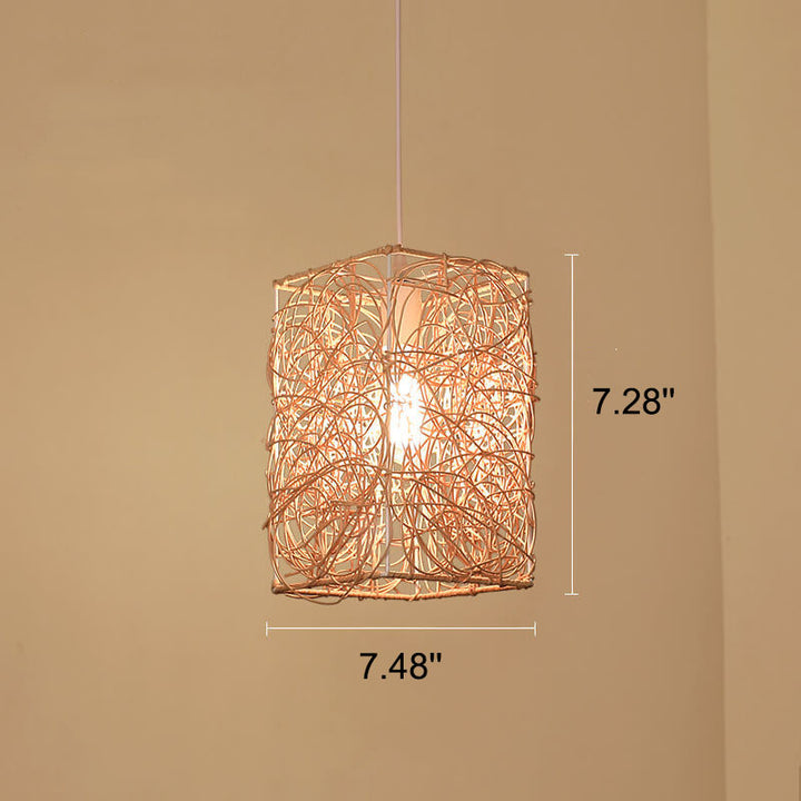 Lámpara colgante de 1 luz con forma cuadrada de tejido de ratán vintage 