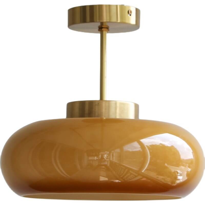 Vintage Brass Yellow Glass 1-Light Semi-Flush Mount Ceiling Light