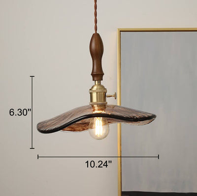 Vintage Amber Glass Walnut Brass 1-Light Pendant Light